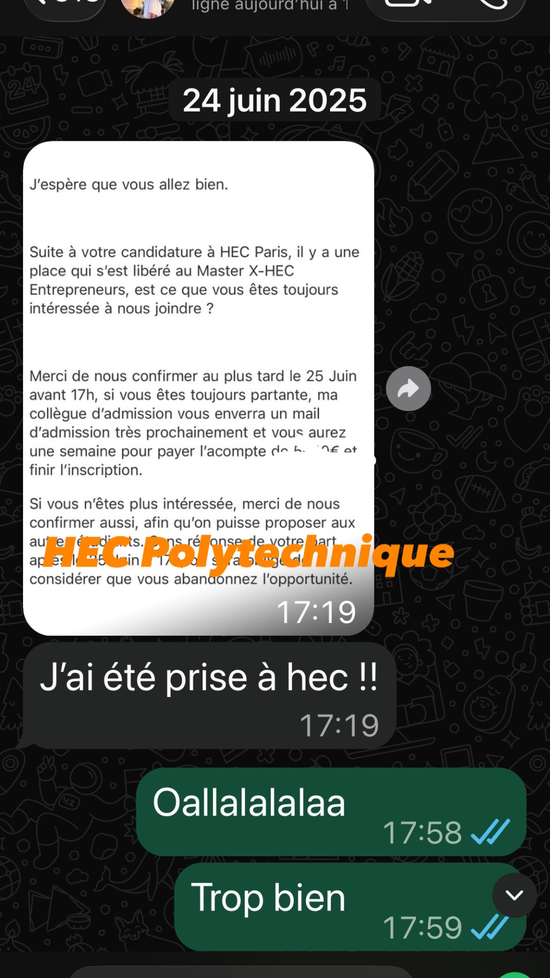 Message d'une élève admise à HEC Paris (Master X-HEC Entrepreneurs)