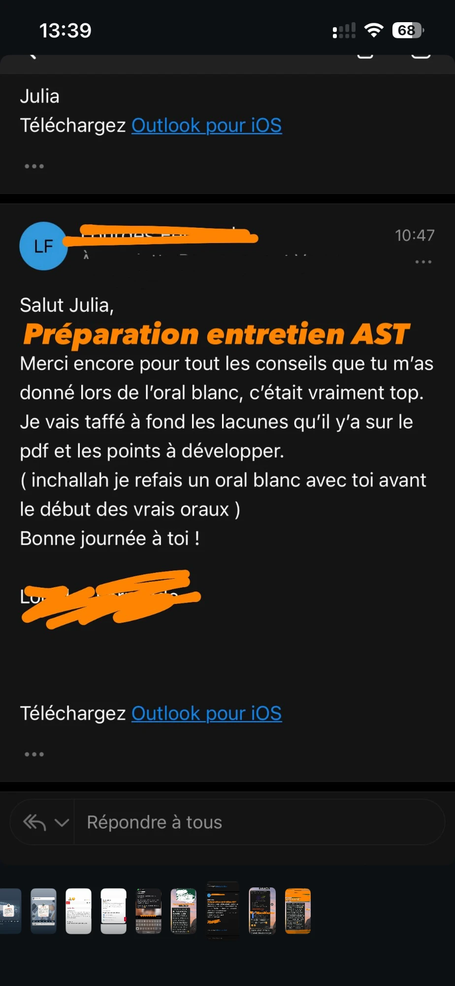 Message de remerciement après une préparation à l'entretien AST