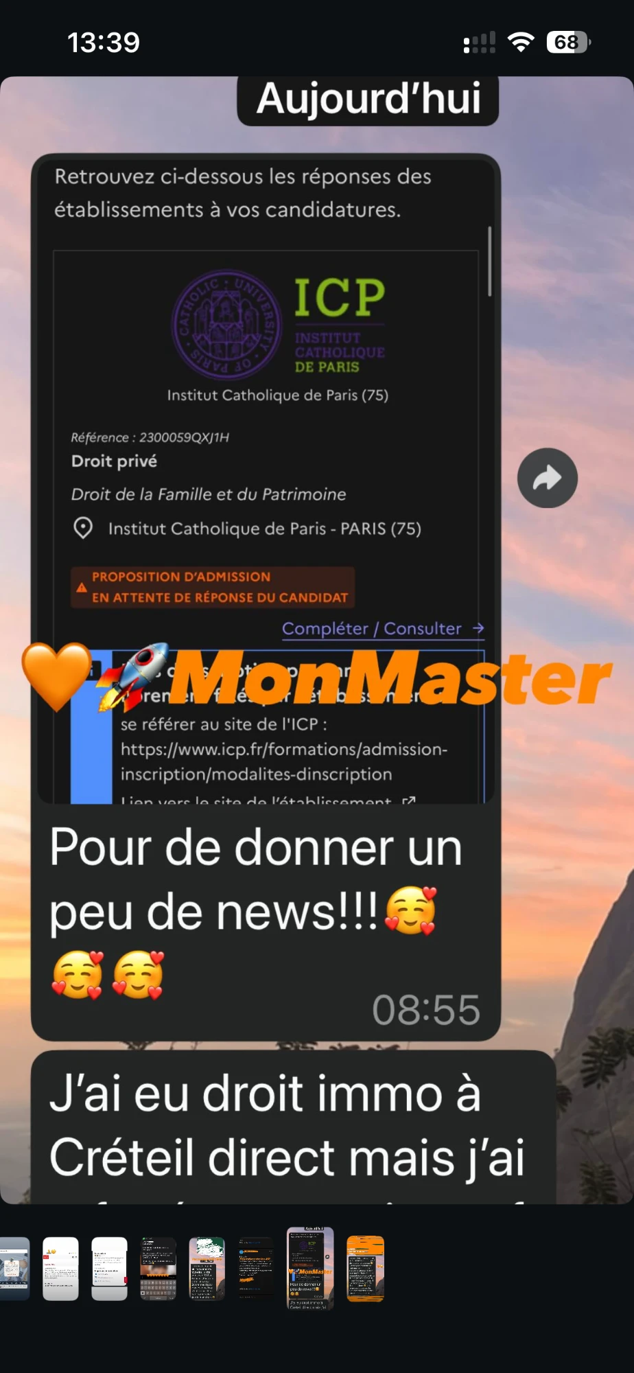 Message d'une élève admise via MonMaster